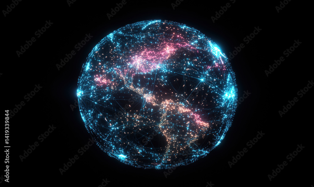 Poster digital globe representation with interconnected nodes and vibrant colors.