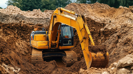 Excavator digging in construction site with dirt and rocks in background.