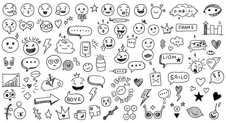 Smile brush hand drawn vector element set. Emoji fun face, heart, crown symbol crayon texture marker background kid sketch style hand drawn element. Color smiley face, arrow. Vector illustration