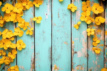 Vivid Yellow Flowers Distressed Turquoise Wooden Planks Surface Texture