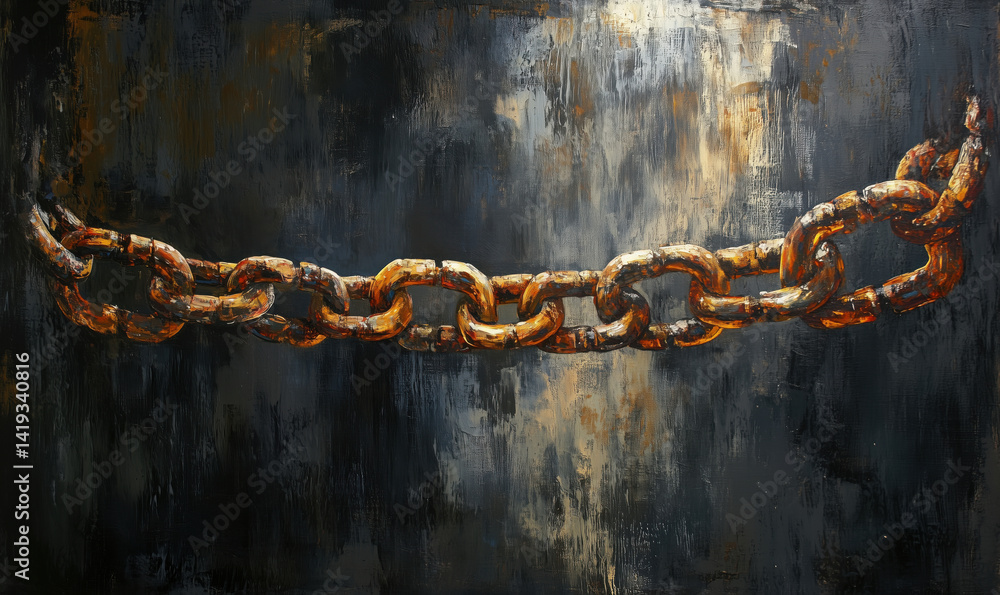 Poster rusty metal chain against dark textured background with abstract patterns.