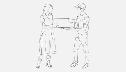 Obraz premium E-commerce delivery, A delivery man delivering products Line drawing a White background.