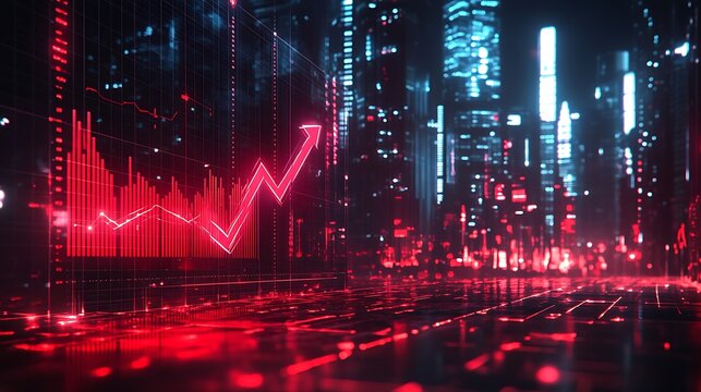 A high-detail vector art of a red arrow dipping steeply over stacked bar graphs, in front of a sprawling futuristic skyline, grid-lined streets and lighted windows, economic tension in design.