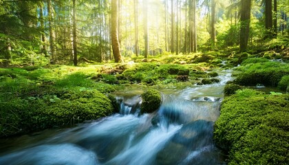 Obraz premium 清らかな森の小川と木漏れ日3