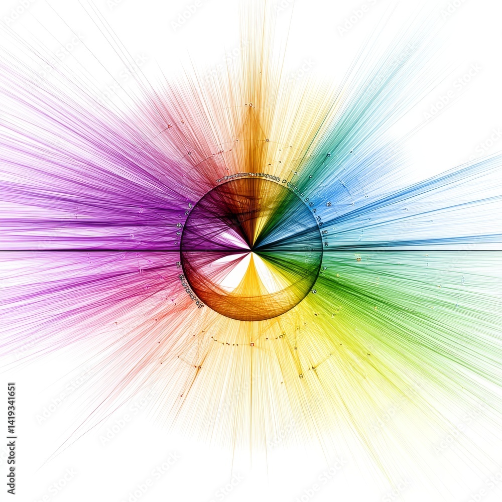 Poster a burst of vibrant color: abstract radial spectrum on white background with fine lines and opaque ci