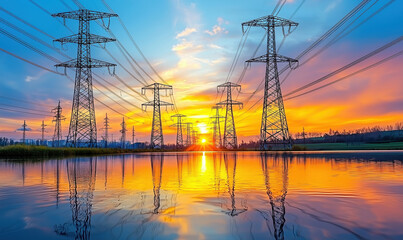 Stunning sunset reflection with power lines over tranquil water landscape.