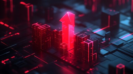 A modern isometric vector design of a red arrow descending around a modular 3D chart made of cube columns, dark futuristic finance dashboard background, clean lighting and depth shadows. --ar 16:9