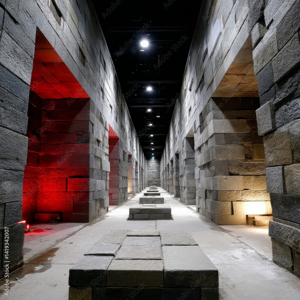 Poster Architectural Tunnel Vision: Exploring the Stone Corridor with Red Light Accent and Geometric Precision.