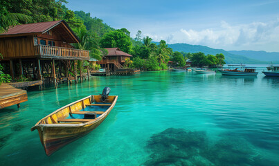 Fototapeta premium Serene coastal village with wooden houses and boats in crystal clear water.