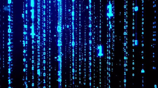 Abstract digital background featuring cascading binary code in blue tones, symbolizing data flow