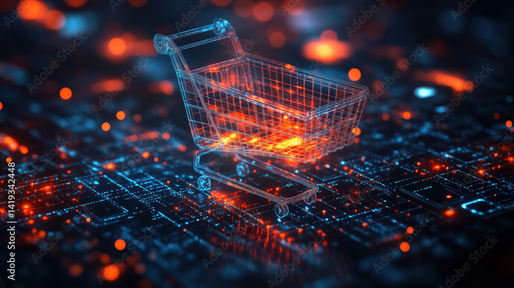 Poster 3d wireframe shopping cart on digital background with glowing circuit patterns.