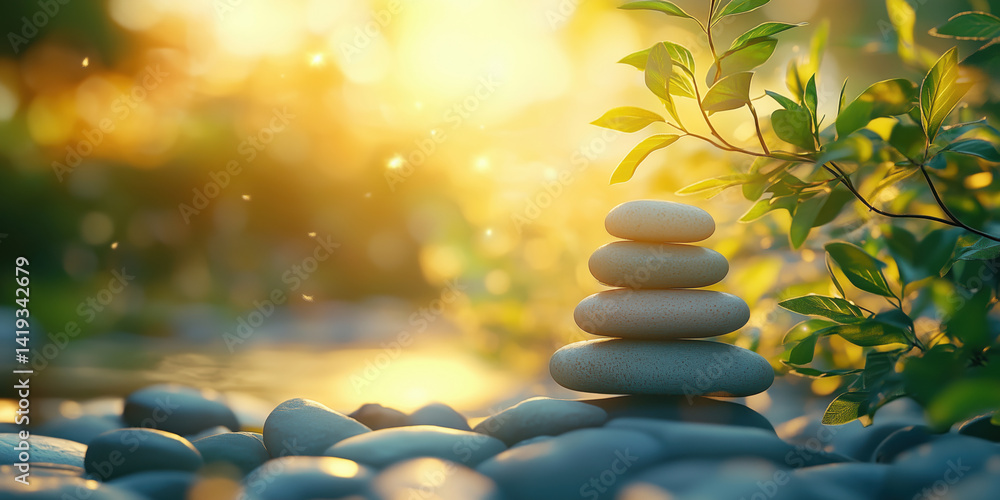Poster balanced stones stacked in serene nature setting with soft sunlight and greenery.