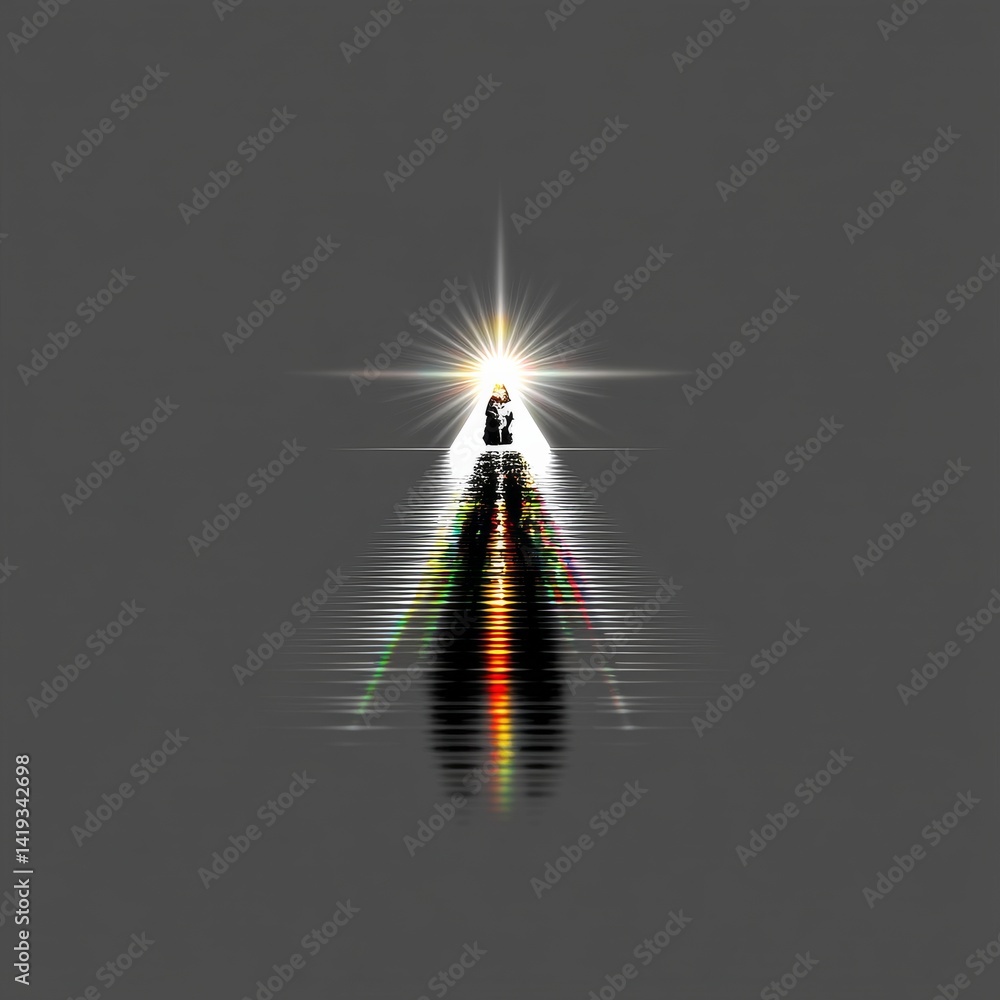 Aufkleber enigmatic silhouette: person walking towards a brilliant light with refracted colors on a textured p
