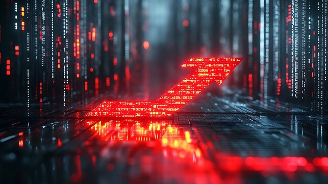 A sharp red arrow splitting a zigzag stock line on a digital graph, floating binary data and stock ticker symbols in the background, glowing matrix-style code rain, futuristic interface, clean layout.