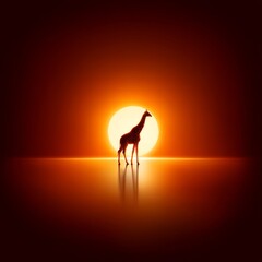 Naklejka premium Giraffe Silhouette at Sunset: A solitary giraffe stands majestically against the backdrop of a bright setting sun, reflecting softly on the ground.