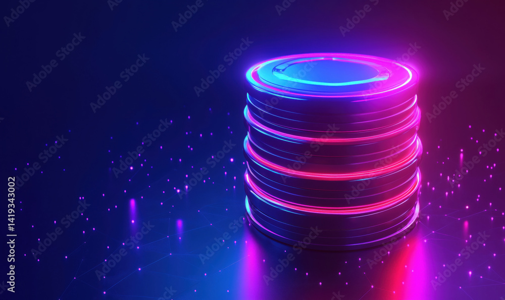 Poster digital coins stack with neon glow on futuristic background for cryptocurrency concepts.