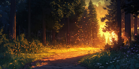Serene forest path illuminated by golden sunlight and magical fireflies at dusk.