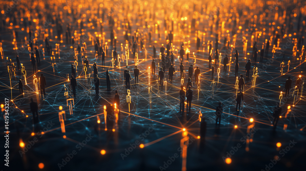 Poster digital network of interconnected figures representing virtual communication and data exchange.