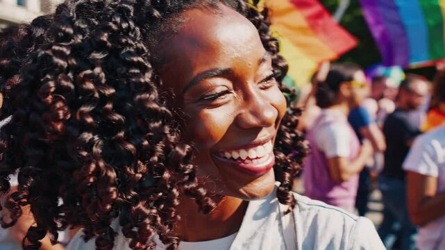 Joyful celebration of pride with smiling woman in colorful crowd  