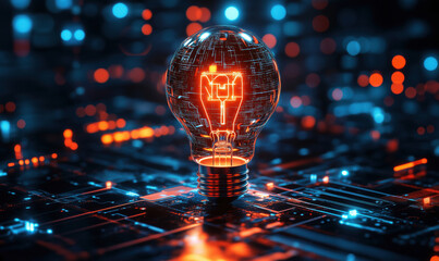 Futuristic light bulb glowing with digital circuitry and neon colors in technology background.