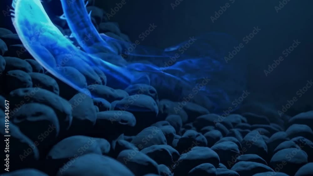 Poster glowing blue particle slipper floating above rocks in a dark environment, creating a mystical and fu