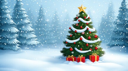 Snowy forest Christmas tree with gifts, winter wonderland, holiday card