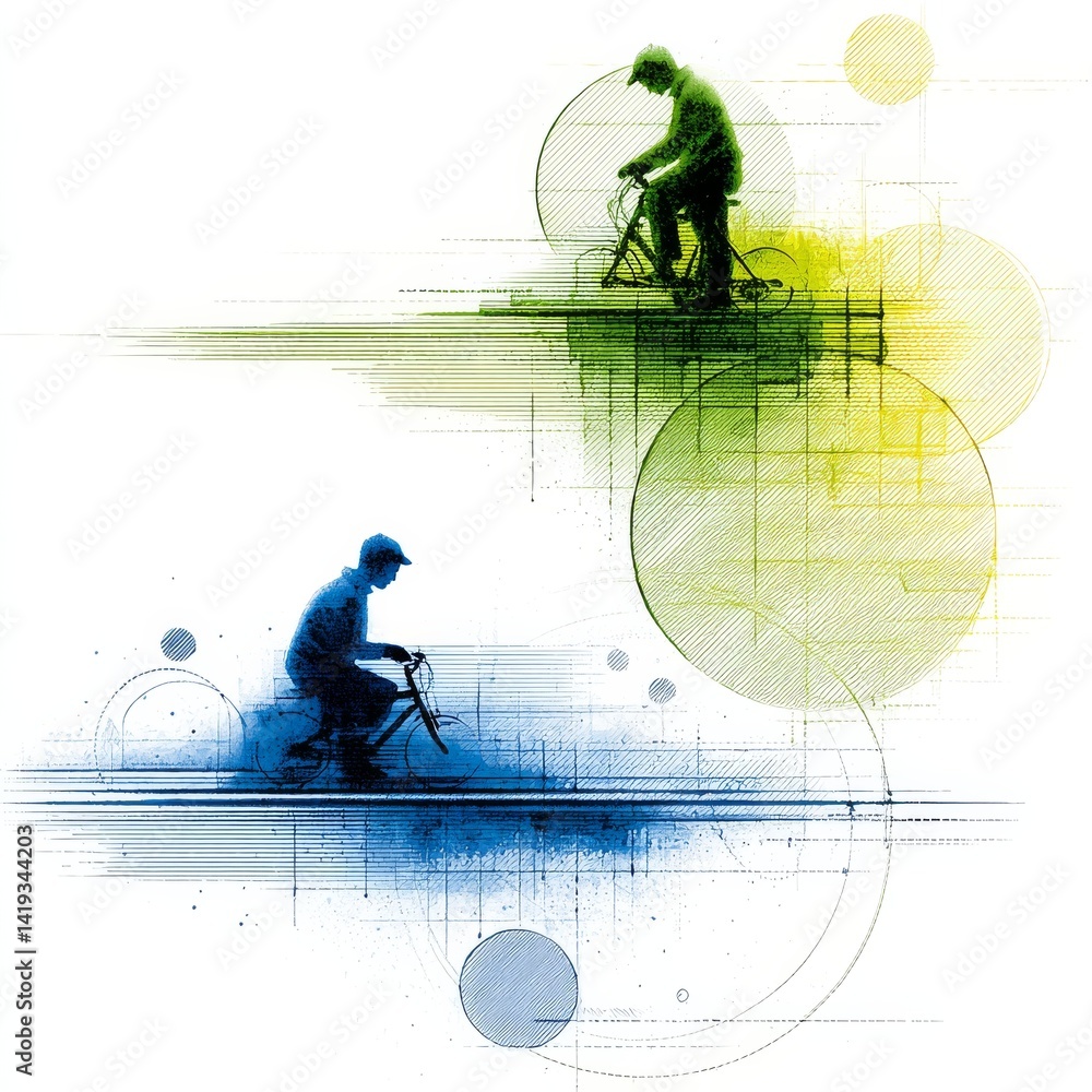 Poster riding through abstraction: cyclists amidst geometric forms and vibrant color gradients in a modern 