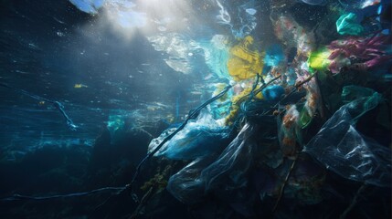 Obraz premium An underwater view of plastic pollution entangling sea creatures, contrasting with vibrant corals and human waste.