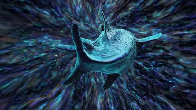 Digital 3d illustration depicting a menacing shark swimming through a vibrant, psychedelic ocean, showcasing its sharp teeth and exuding an air of danger in a surreal underwater world