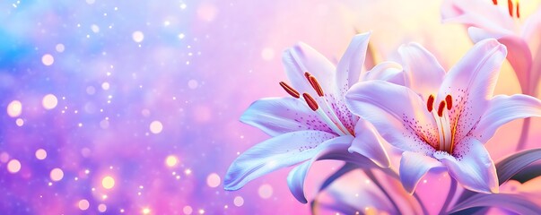 Fototapeta premium White lilies bloom against a dreamy, sparkling, blue, pink, & purple backdrop, for wallpaper