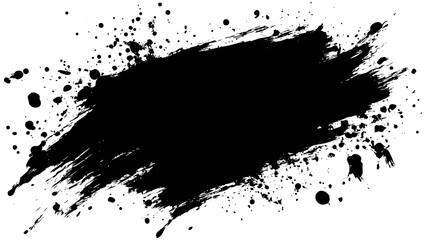 Bold black brush stroke with splatters on a white background for creative design projects