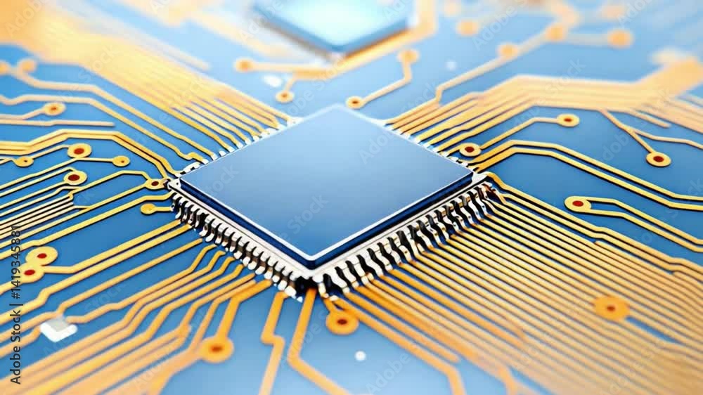 Poster microchip on circuit board: a close-up shot of a blue microchip positioned at the heart of a complex