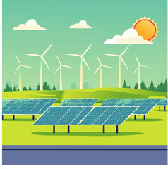 Solar Panels and Wind Turbines Generating Clean Energy in a Green Landscape


