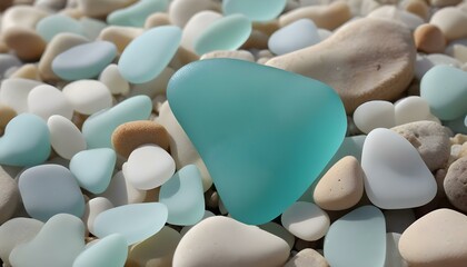 Obraz premium A beautiful assortment of sea glass and smooth stones arranged on a sandy beach.