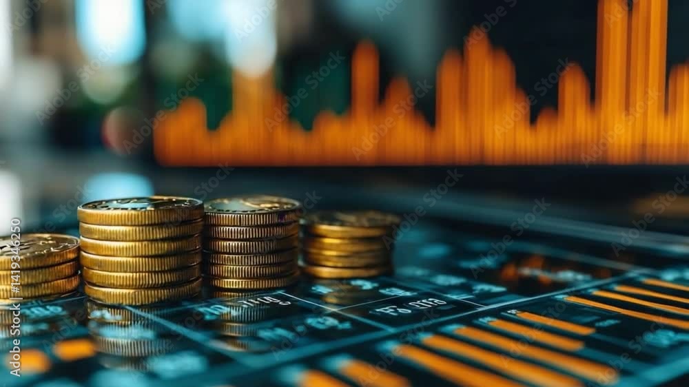 Aufkleber coin stacks and data visualization: a close-up shot of coin stacks juxtaposed with financial data, v
