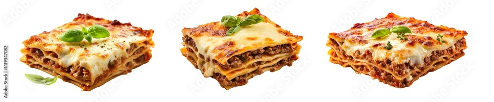 Poster set of slices of cheesy meat lasagna. isolated on transparent background