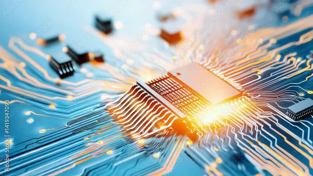 Poster circuit board: a striking macro view showcases a detailed circuit board, with an emphasis on the cor