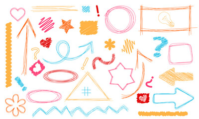 Colorful -drawn sketchy shapes and arrows collection, including hearts, circles, scribbles, and doodles.