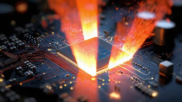 CPU Power: High-performance central processing unit (CPU) glowing intensely, radiating energy and power within a circuit board.