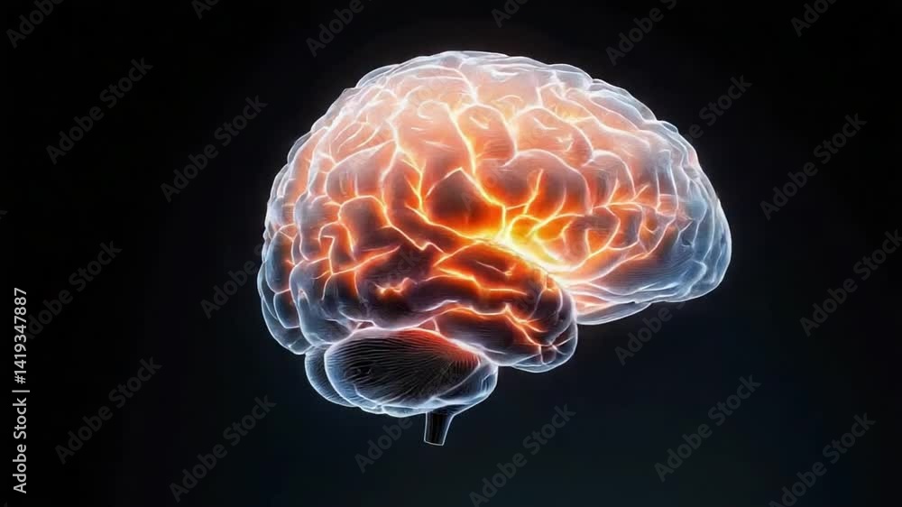 Poster brain's radiant network: a detailed rendering of a human brain glows with intricate neural pathways,