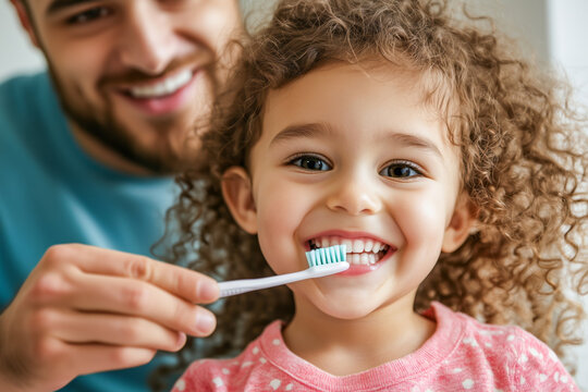 In a cheerful and well-lit bathroom, a smiling father lovingly assists his daughter as she brushes her teeth, making their morning routine enjoyable