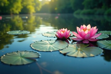 Water lilies and lotus blossoms form intricate patterns on serene lake surface , botanical, vibrant, background