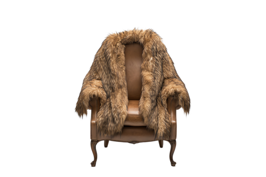 A luxurious fur coat draped over an elegant armchair, showcasing rich textures and warm tones.
