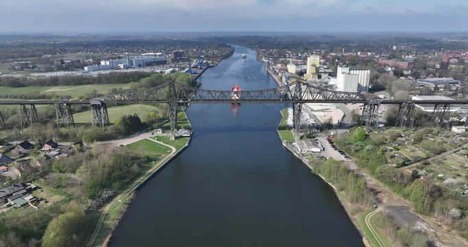 Rendsburger Hochbrucke, high overpass bridge over the Kiel canal, large industiral ships transportation from the Ostsee to the Nordsee, North-Octese Canal
