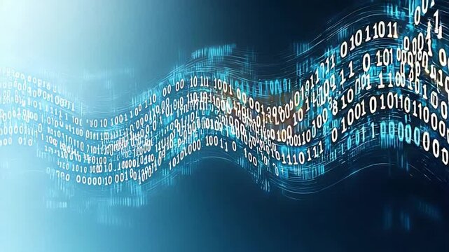 Binary Code Flow: A dynamic visualization of binary code streams, presented in a flowing wave across a digital landscape, representing the essence of technological advancement and data.