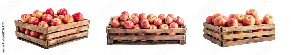 Poster set of wooden crates filled with fresh apples. isolated on transparent background
