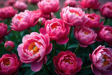 Fototapeta premium Bold peony blossoms, densely packed, vibrant hues, floral, fabric, print
