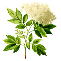 Obraz premium Blossoming elder, elderberry with flowers and leaves isolated on white background --v 7.0