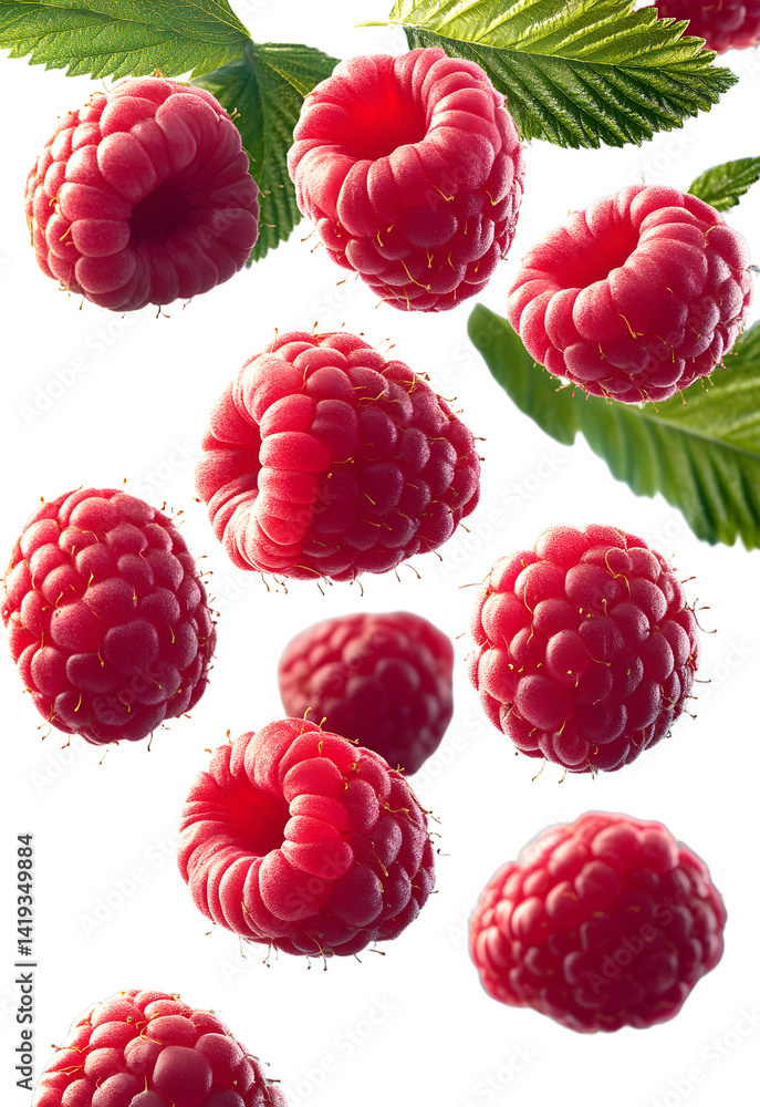 Poster raspberry isolated png. raspberries with leaf flying on transparent background. raspberry fall. fall
