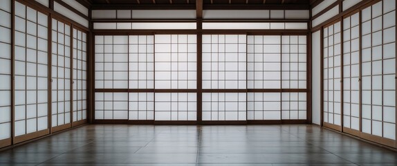 Shoji screens in empty room wide angle panoramic view horizontal symmetric background